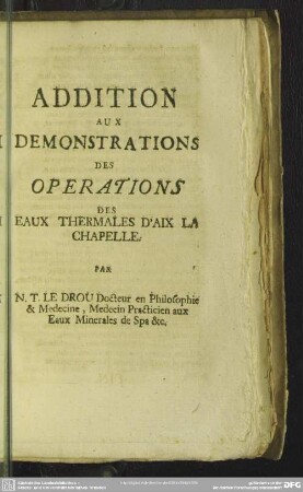 Additions Aux Demonstrations Des Operations Des Eaux Thermales D'Aix La Chapelle
