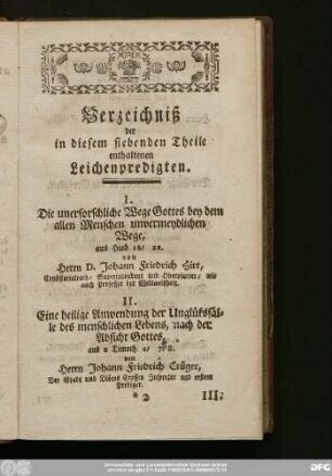 Verzeichniß der in diesem siebenden Theile enthaltenen Leichenpredigten.