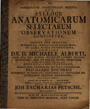 Dissertatio Inauguralis Medica, Qua Sylloge Anatomicarum Selectarum Observationum Continetur