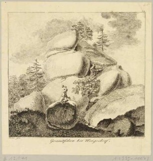 Der Granitfelsen Heidenstein oder Großer Stein am Hain (Pohanské kameny in Tschechien) an der polnisch-tschechischen Grenze nordöstlich von Bogatynia, aus Leskes Reise durch Sachsen von 1785