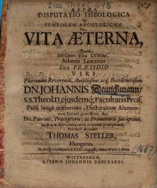 Disputatio Theologica in Symbolum Apostolicum De Vita Aeterna