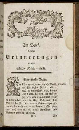Ein Brief, welcher Erinnerungen an eine geliebte Nichte enthält.