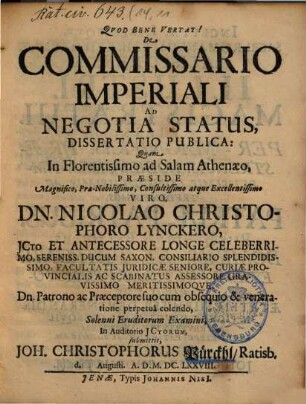 De Commissario Imperiali Ad Negotia Status, Dissertatio Publica