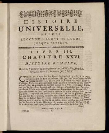 Chapitre XXVI. Histoire Romaine, Depuis la translation du Siége Iméprial à Constantinople, jusqu´à la mort de l´Empereur Julien.