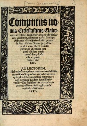 Computus novus ecclesiasticus elaboratus ... Principia astronomie non vulgaria edocens