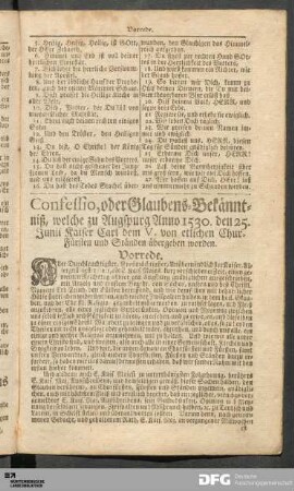 Confessio, oder Glaubens-Bekänntniß, welche zu Augspurg Anno 1530. den 25. Junii Kaiser Carl dem V. von etlichen Chur-Fürsten und Ständen übergeben worden.
