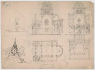 Thiersch, August ; Berchtesgaden (Bayern); Ev. Pfarrkirche - Grundriss, Ansichten, Schnitt