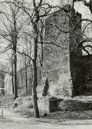 Stadtbefestigung und Mauerturm (Lazareth-Turm) : Freiberg (Sachsen). Stadtbefestigung mit Mauerturm (sogenannter Lazarethturm). Blick aus dem Wallgraben nach Süden