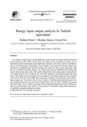 Energy inputoutput analysis in Turkish agriculture