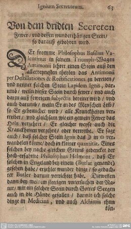 Von dem dridten Secreten Fewer / und dessen wunderthätigen Stein/ so darauß gebohren wird.