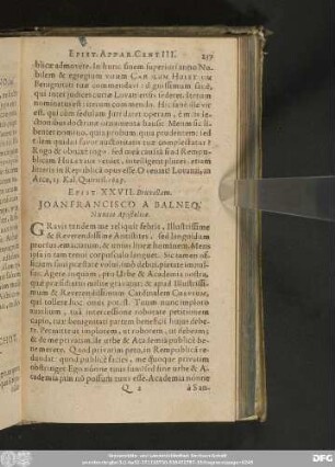 Epist. XXVII. Bruxellam. Ioan. Francisco A Balneo, Nuncio Apostolico.