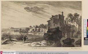 [Flusslandschaft mit Wanderern am Ufer und Blick auf eine Stadt]