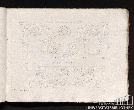Planche VII. Tivoli. Uggeri. Frises. Frise du Temple de Vesta dit de la Sibille. Frise de Tombeau de Cecilia Metella. Dessiné par Maraglia. Supplement. Gravé par Acquaroni.