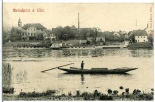 Merschwitz. Elbe mit Dampfer Bodenbach und Ortsansicht