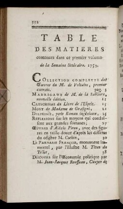 Table Des Matières contenues dans ce premier volume de la Semaine littéraire 1759