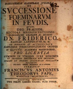 Diss. ... de successione foeminarum in feudis