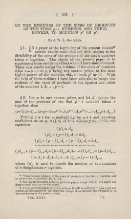 On the residues of the sums of products of the first p-1 numbers, and their powers, to modulus ... or ... .