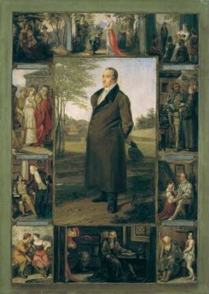 Goethe, umgeben von Illustrationen zu seinen Werken