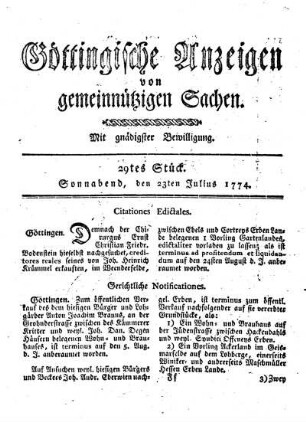 29tes Stück. Sonnabend, den 23ten Julius 1774.