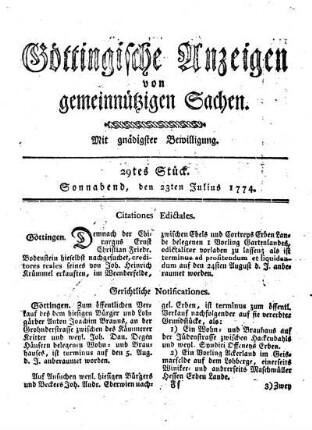 29tes Stück. Sonnabend, den 23ten Julius 1774.
