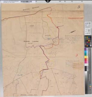 [Teil der Gemeinde Ludenberg zwischen Gerresheim und Erkrath. Mit Einzeichnung der neuen Grenze und Parzelleneinteilung. Papendell, Reutersberg]. 9. - Zur Grenzbeschreibung 6. 18/25. Febr. 1930: Übereinstimmung mit der Katasterkarte von Ludenberg bescheinigt Katasteramt Ratingen. Suska.-Übereinstimmung mit dem Original bescheinigt Kreisliegenschaftsamt. Hahn