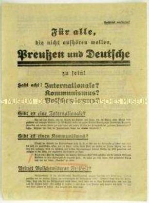 Flugblatt der Deutschnationalen Volkspartei gegen den Bolschewismus und Aufruf zum Beitritt