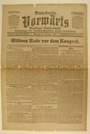 Zentralorgan der SPD "Vorwärts" zur Rede von US-Präsident Wilson vor dem Kongress nach Beendigung des Weltkrieges