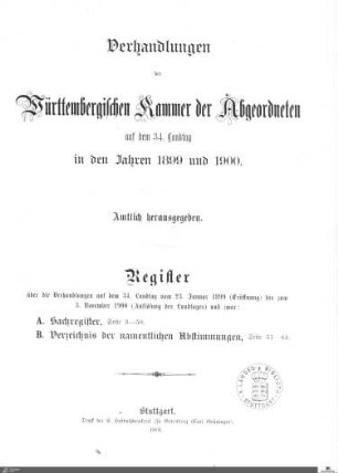 2,18: Landtag Württemberg - Kammer 2, Register 1899-1900