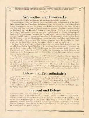 Schamotte- und Dinaswerke ; Beton- und Zemetindustrie ; "Zement und Beton"