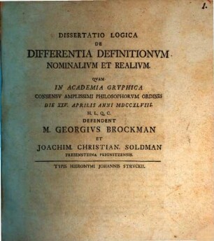 Dissertatio Logica De Differentia Definitionvm Nominalivm Et Realivm