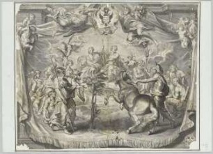 Der Streit zwischen Minerva und Neptun, darüber ein Wappen mit Fischen (oberer Teil eines Thesenblatts)