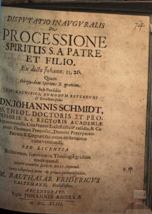 Disp. inaug. de processione Spiritus S. a patre et filio