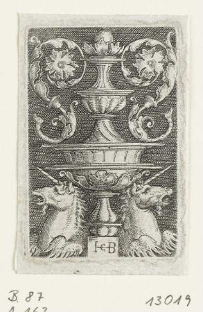 Ornamentstich mit Vase und Einhörnern