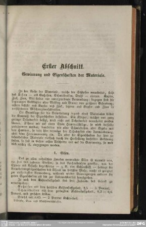 Erster Abschnitt. Gewinnung und Eigenschaften der Materiale