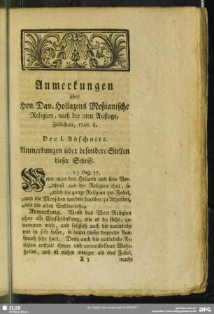 Der I. Abschnitt. Anmerkungen über besondere Stellen dieser Schrift