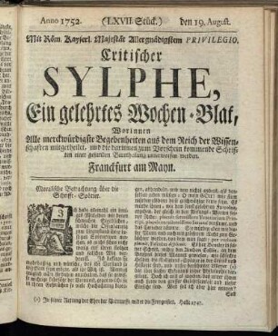 (LXVII. Stück.) den 19. August. Anno 1752.