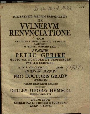 Dissertatio Medica Inavgvralis De Vvlnervm Renvnciatione