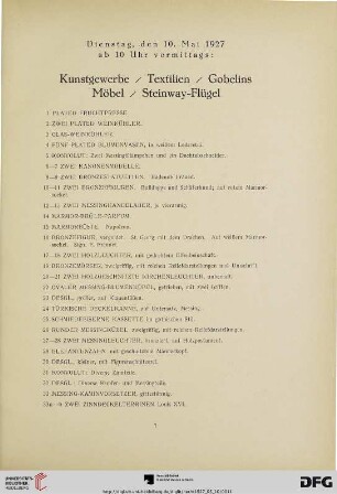 Kunstgewerbe, Textilien, Gobelins, Möbel, Steinway-Flügel (Nr.1-251)