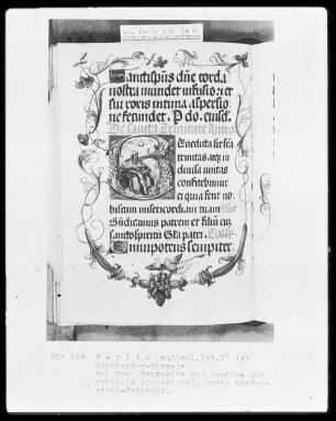 Glockendon-Missale — Initiale B (Enedicta), darin Gnadenstuhl-Trinität, Folio 93verso