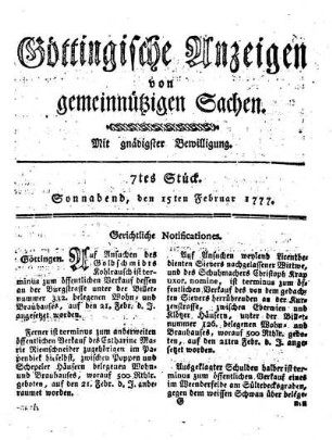 7tes Stück. Sonnabend, den 15ten Februar 1777.