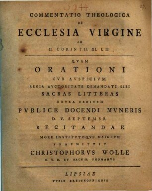 Commentatio theol. de ecclesia virgine, ad 2 Corinth. XI, I. II.