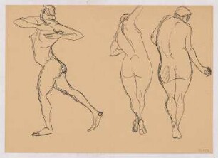 Weibliche Aktstudien : Drei Frauen in tänzerischen Bewegungen seitlich und von hinten dargestellt