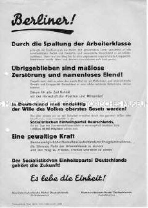 Flugblatt der Berliner SPD und KPD anlässlich der bevorstehenden Vereinigung beider Parteien zur SED