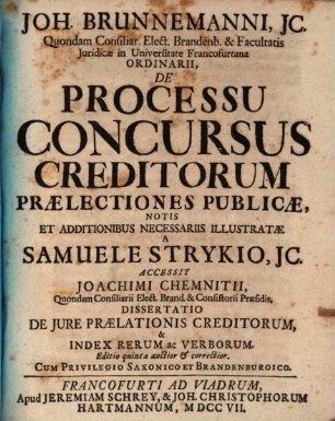 Joh. Brunnemanni, JC. Quondam Consiliar. Elect. Brandenb. & Facultatis Juridicæ in Universitate Francofurtana Ordinarii, De Processu Concursus Creditorum Prælectiones Publicæ