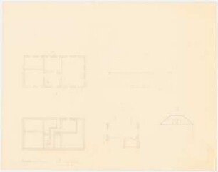 Zoologischer Garten, Breslau Wirtschaftsgebäude (?): 2 Grundrisse, Aufriss Vorderansicht und Seitenansicht, Querschnitt, Maßstabsleiste ohne Maßbezeichnung