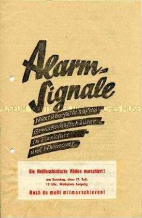Propagandaschrift der KPD mit Bezug auf Überfälle der Nazis auf Gewerkschaftshäuser und Aufkleber zur Ankündigung eines Aufmarsches der Antifaschistischen Aktion in Leipzig