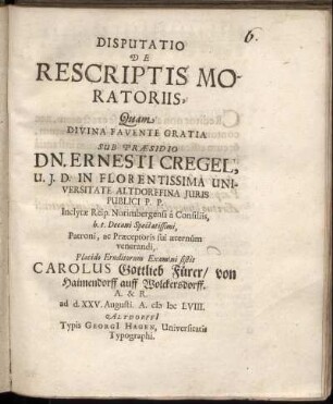 Disputatio De Rescriptis Moratoriis