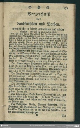 Verzeichniß der Landkutscher und Bothen