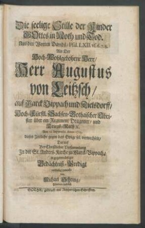 Die seelige Stille der Kinder Gottes in Noth und Tod