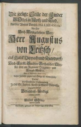 Die seelige Stille der Kinder Gottes in Noth und Tod